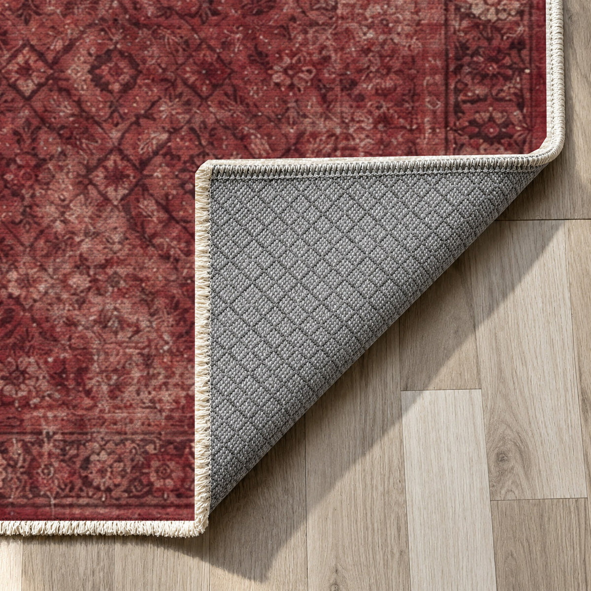 Washed Herati Burgundy Red Vintage Washable Rug — backing close up