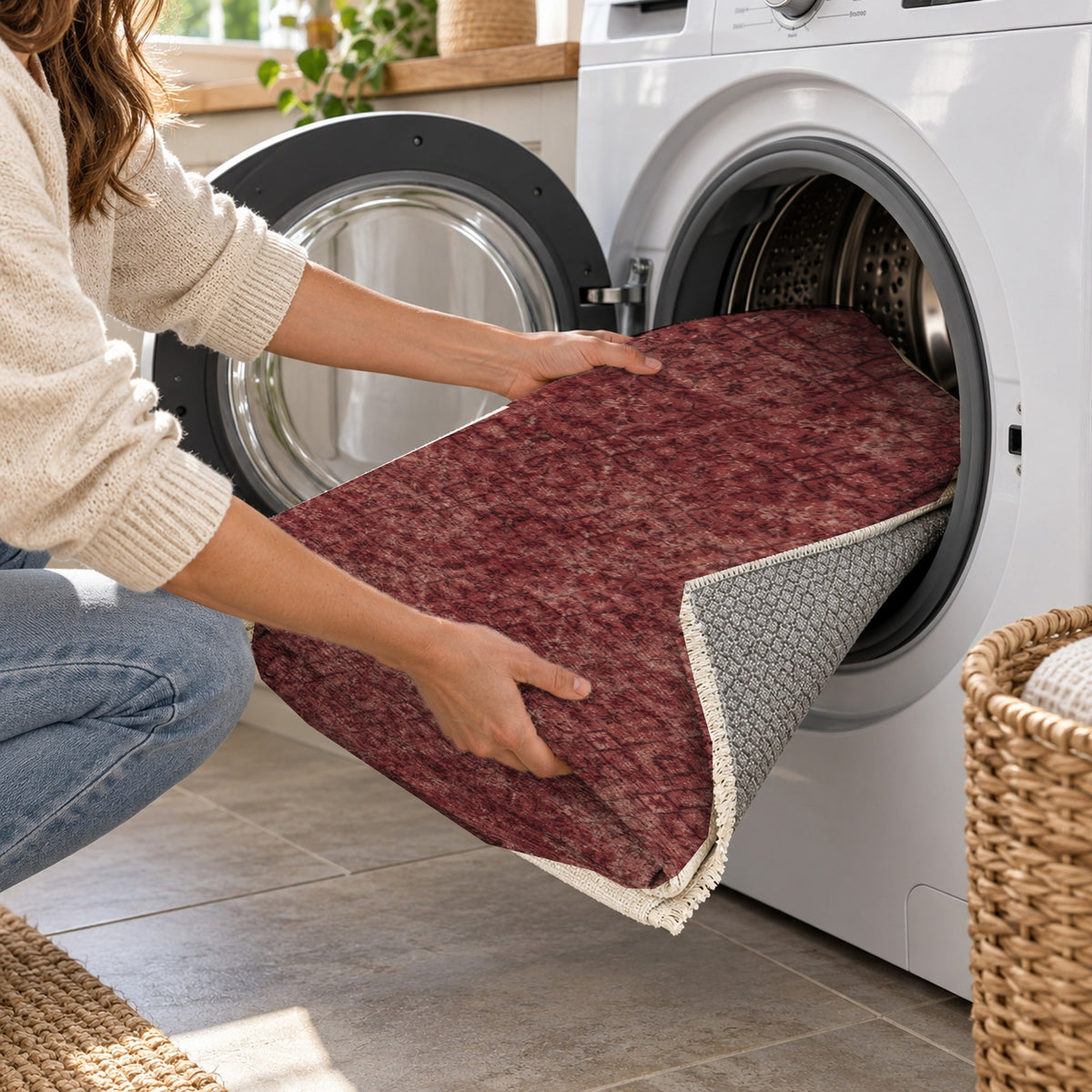 Washed Herati Burgundy Red Vintage Washable Rug — washing machine