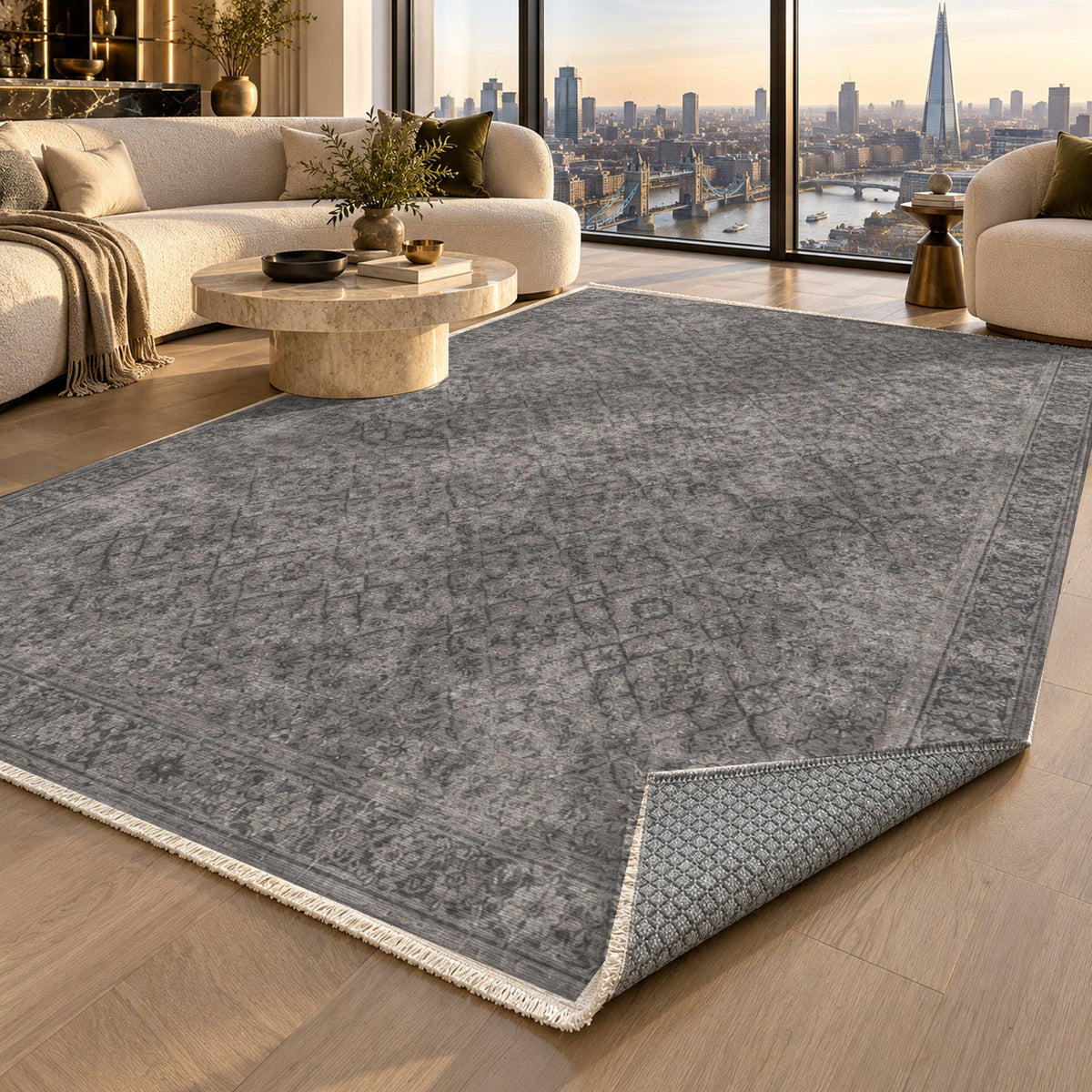Washed Herati Charcoal Silver Vintage Washable Rug — london luxury living