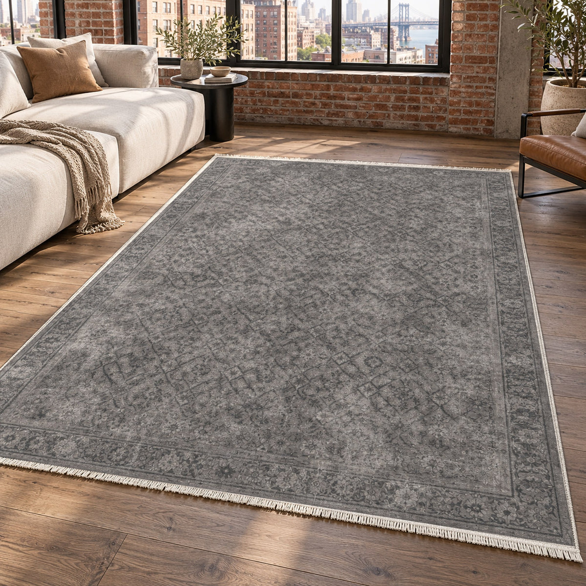 Washed Herati Charcoal Silver Vintage Washable Rug — new york living