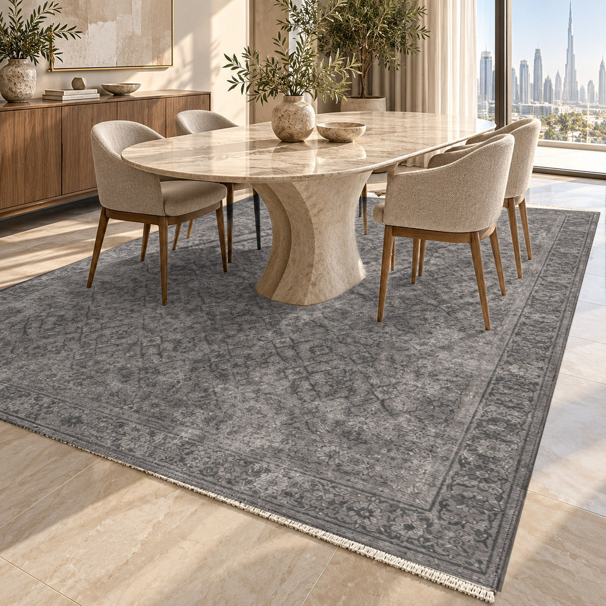 Washed Herati Charcoal Silver Vintage Washable Rug — dubai dining