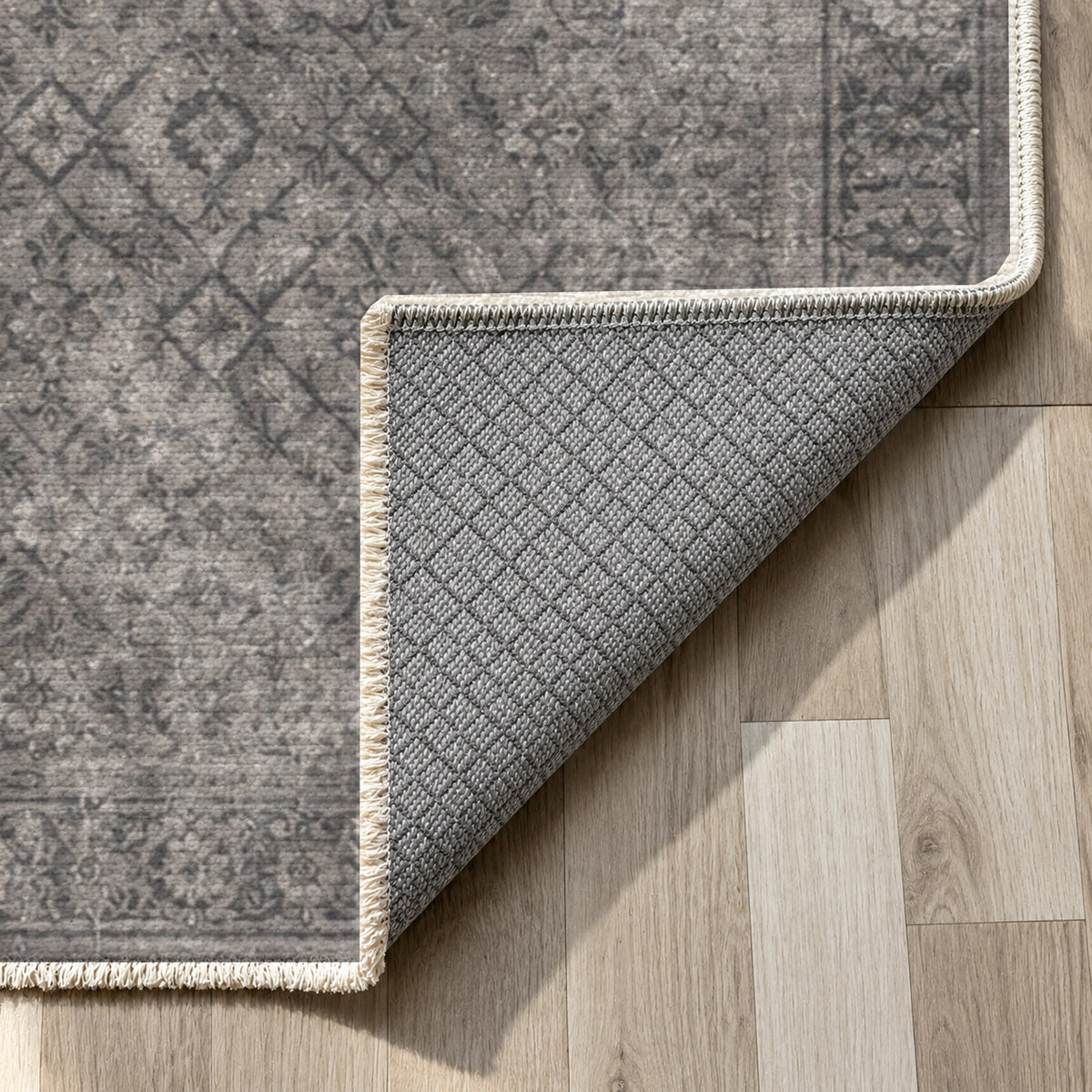Washed Herati Charcoal Silver Vintage Washable Rug — backing close up