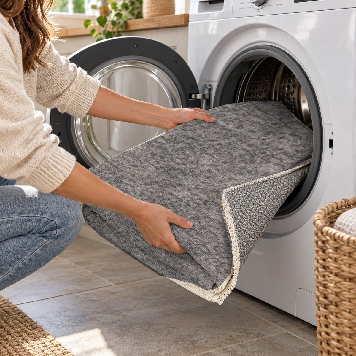 Washed Herati Charcoal Silver Vintage Washable Rug — washing machine