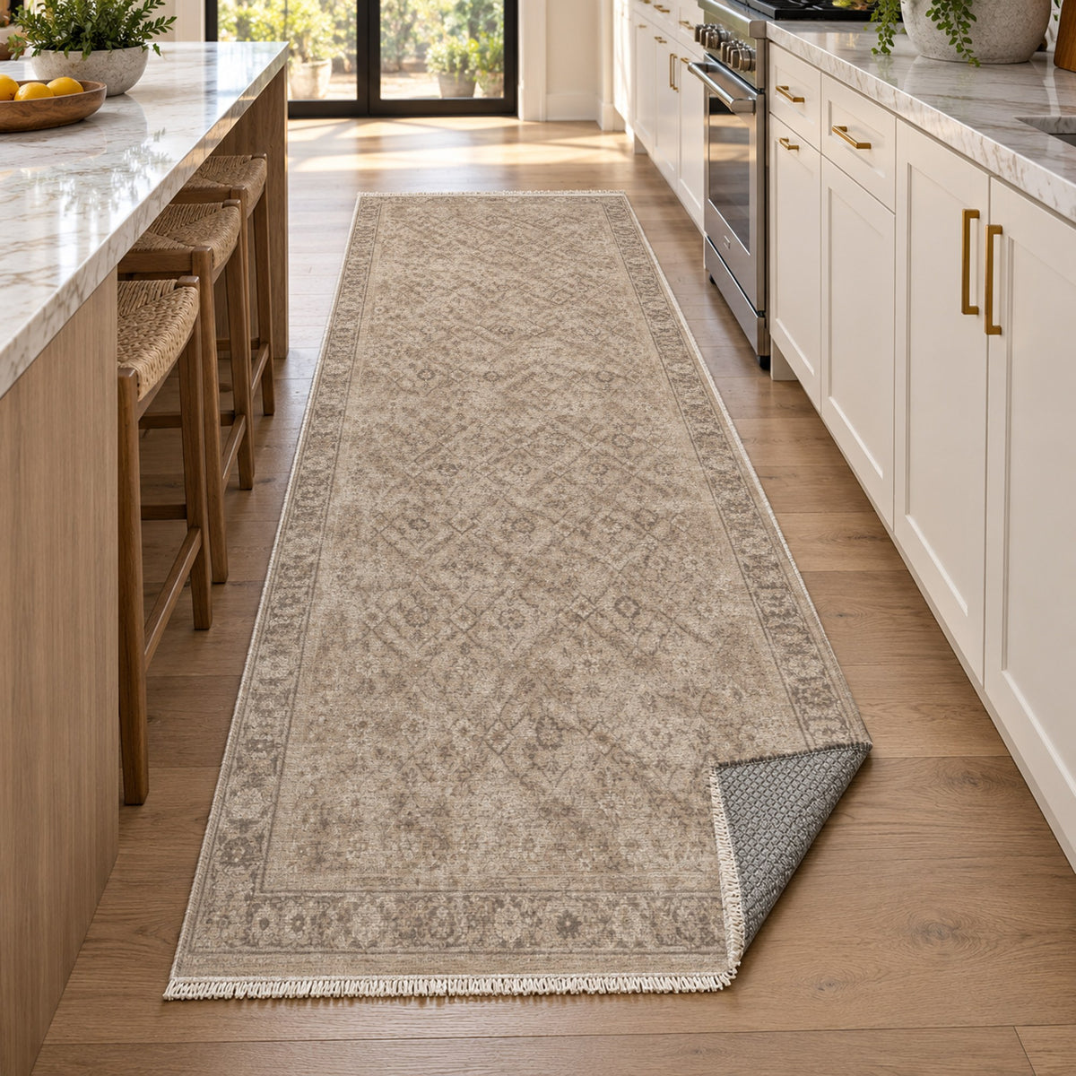 Washed Herati Ivory Taupe Vintage Washable Rug — new york kitchen runner