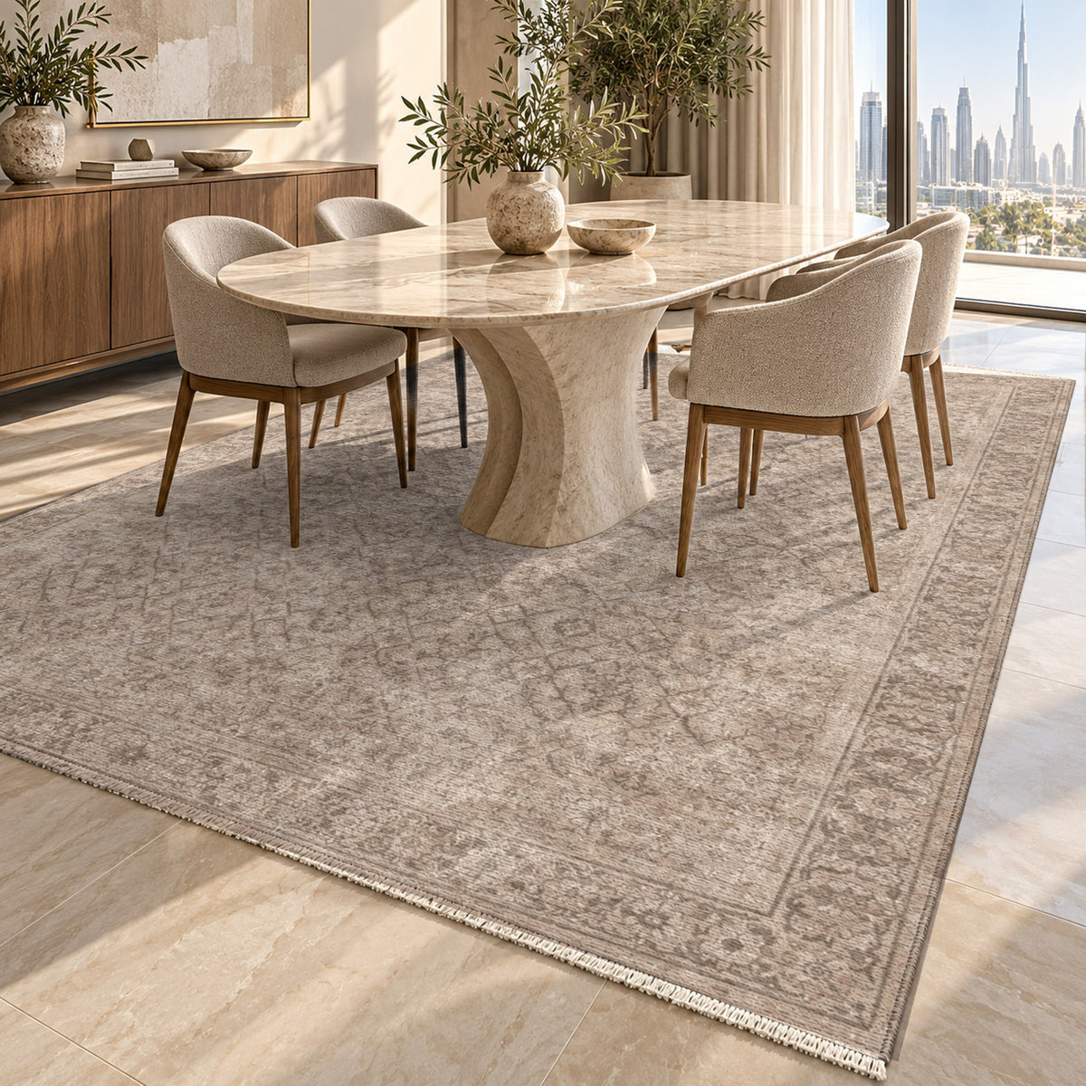 Washed Herati Ivory Taupe Vintage Washable Rug — dubai dining
