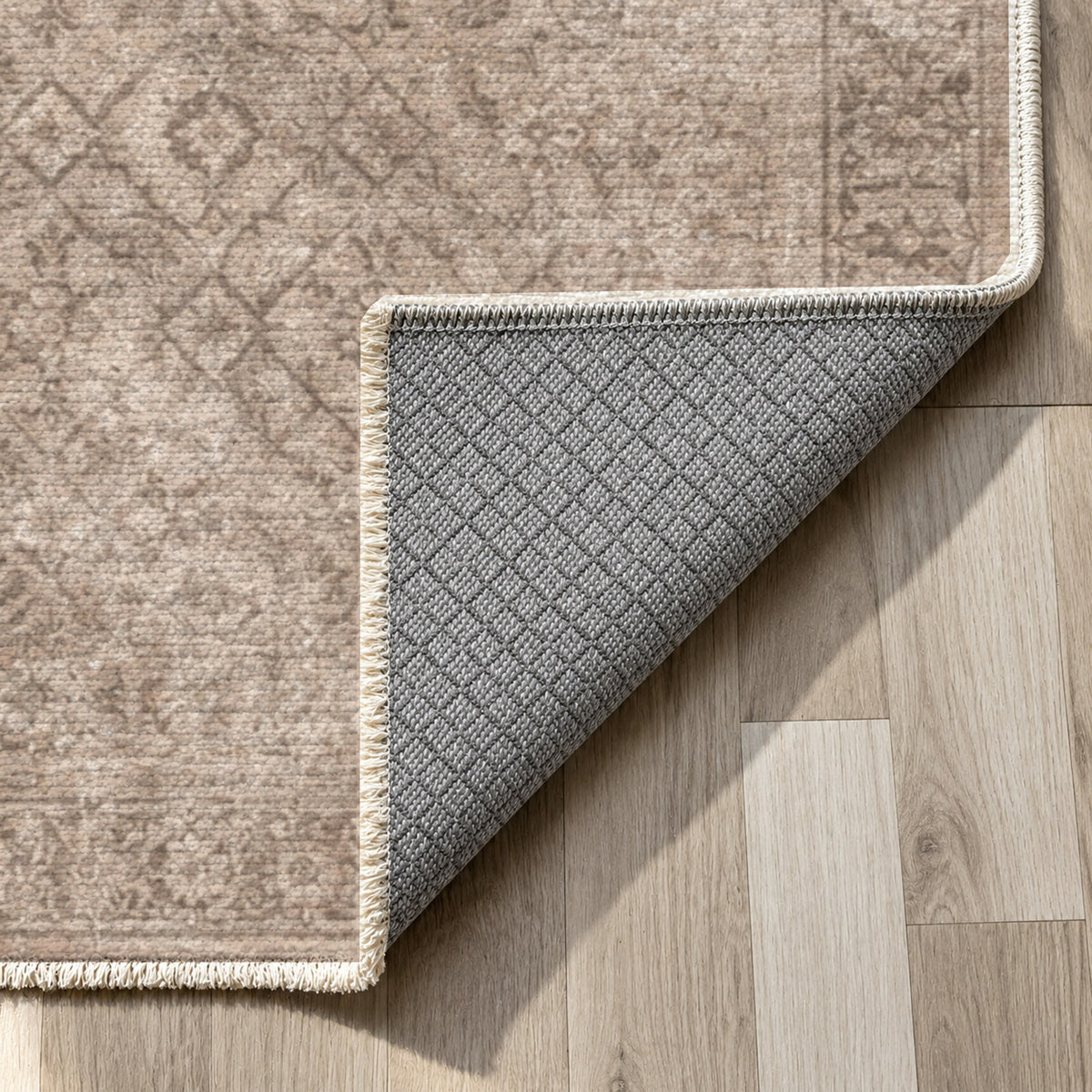 Washed Herati Ivory Taupe Vintage Washable Rug — backing close up