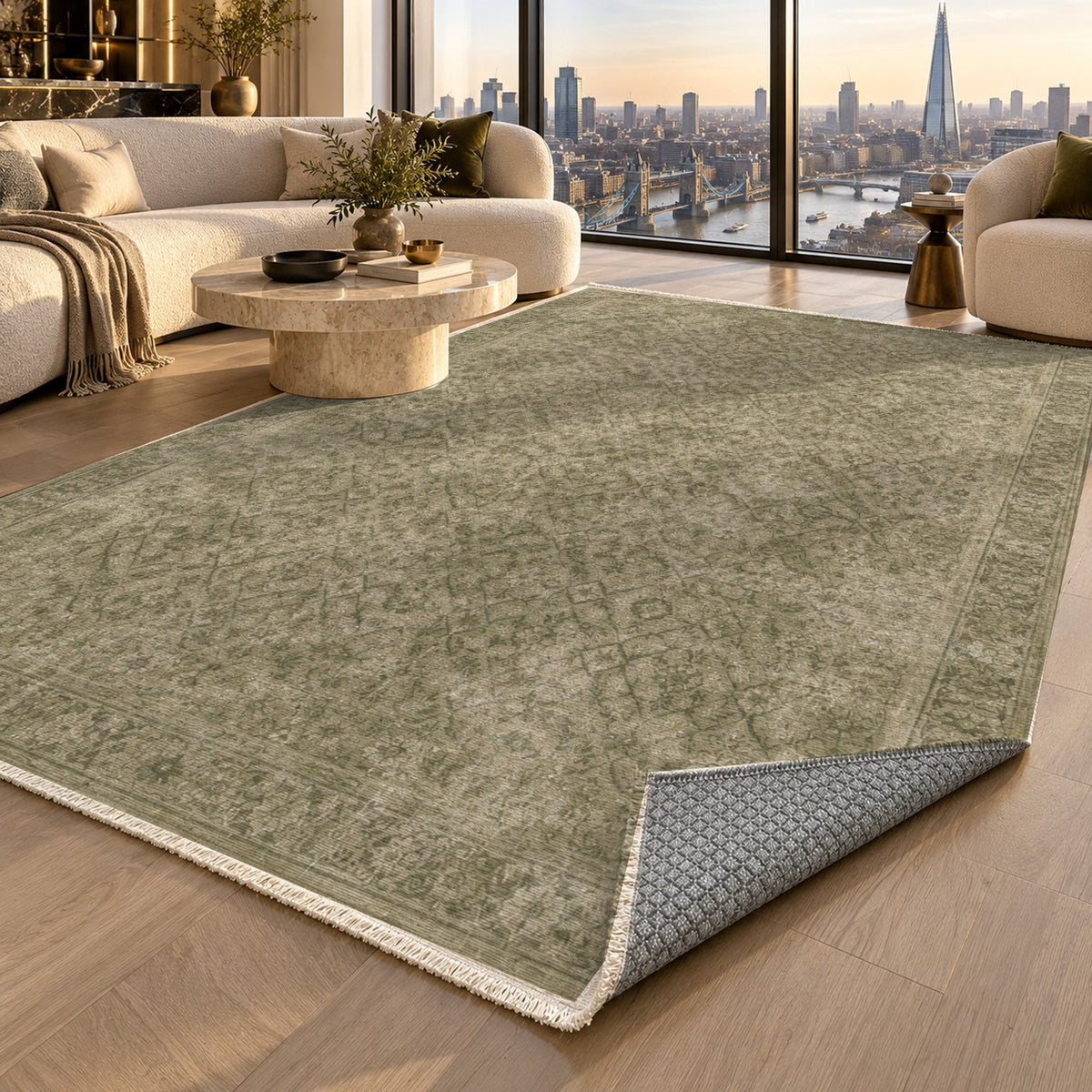 Washed Herati Olive Green Vintage Washable Rug — london luxury living