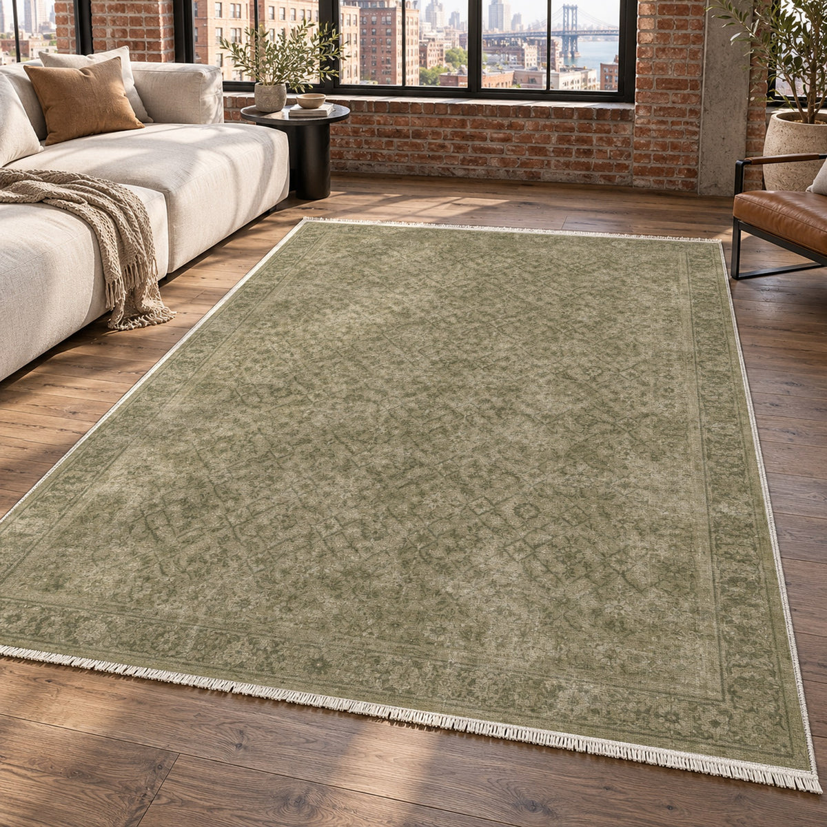 Washed Herati Olive Green Vintage Washable Rug — new york living