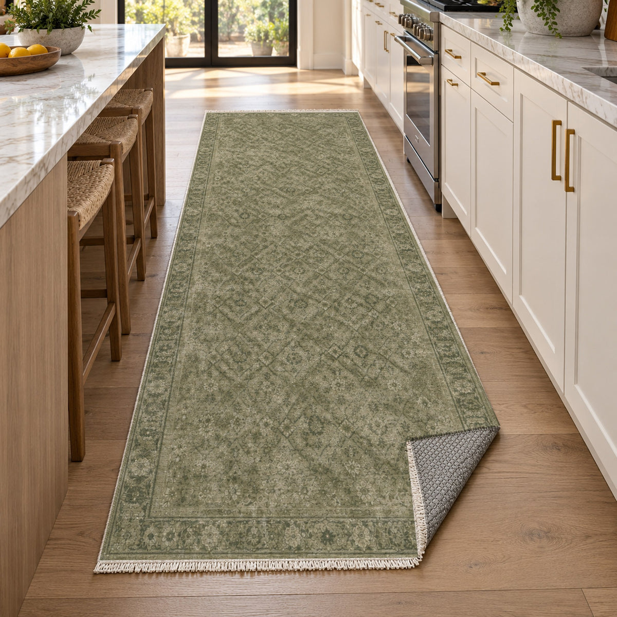 Washed Herati Olive Green Vintage Washable Rug — new york kitchen runner