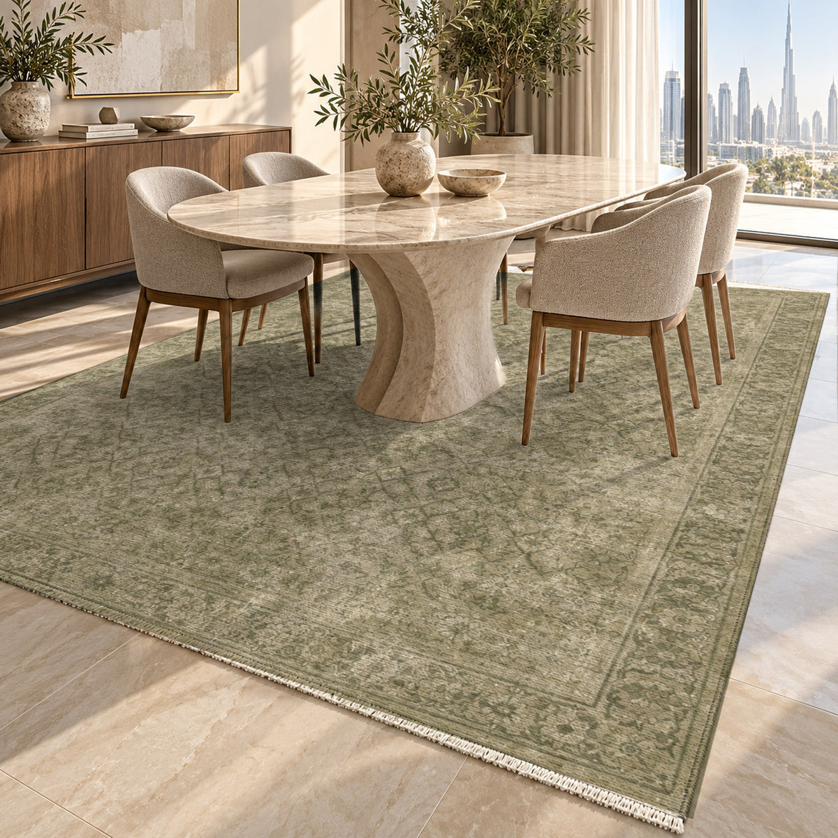 Washed Herati Olive Green Vintage Washable Rug — dubai dining