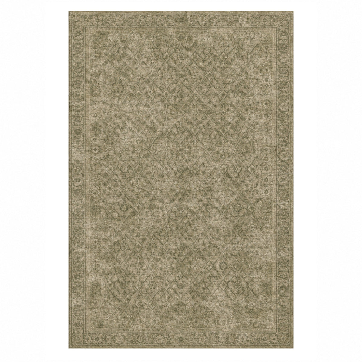 Washed Herati Olive Green Vintage Washable Rug — top view