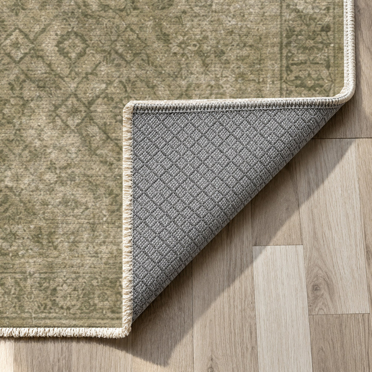 Washed Herati Olive Green Vintage Washable Rug — backing close up