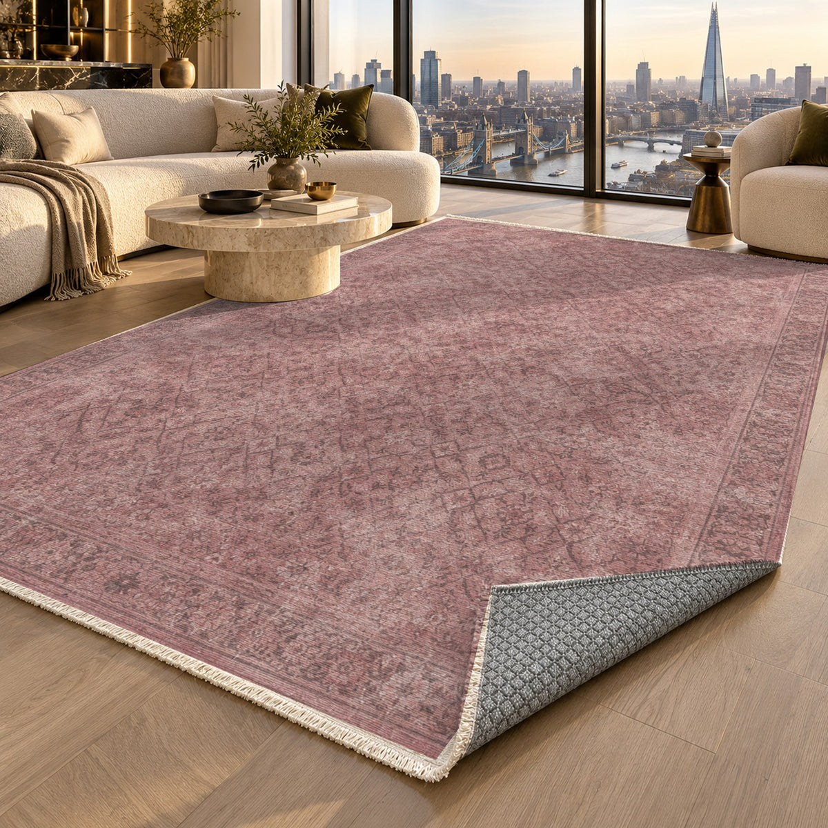 Washed Herati Rose Pink Vintage Washable Rug — london luxury living