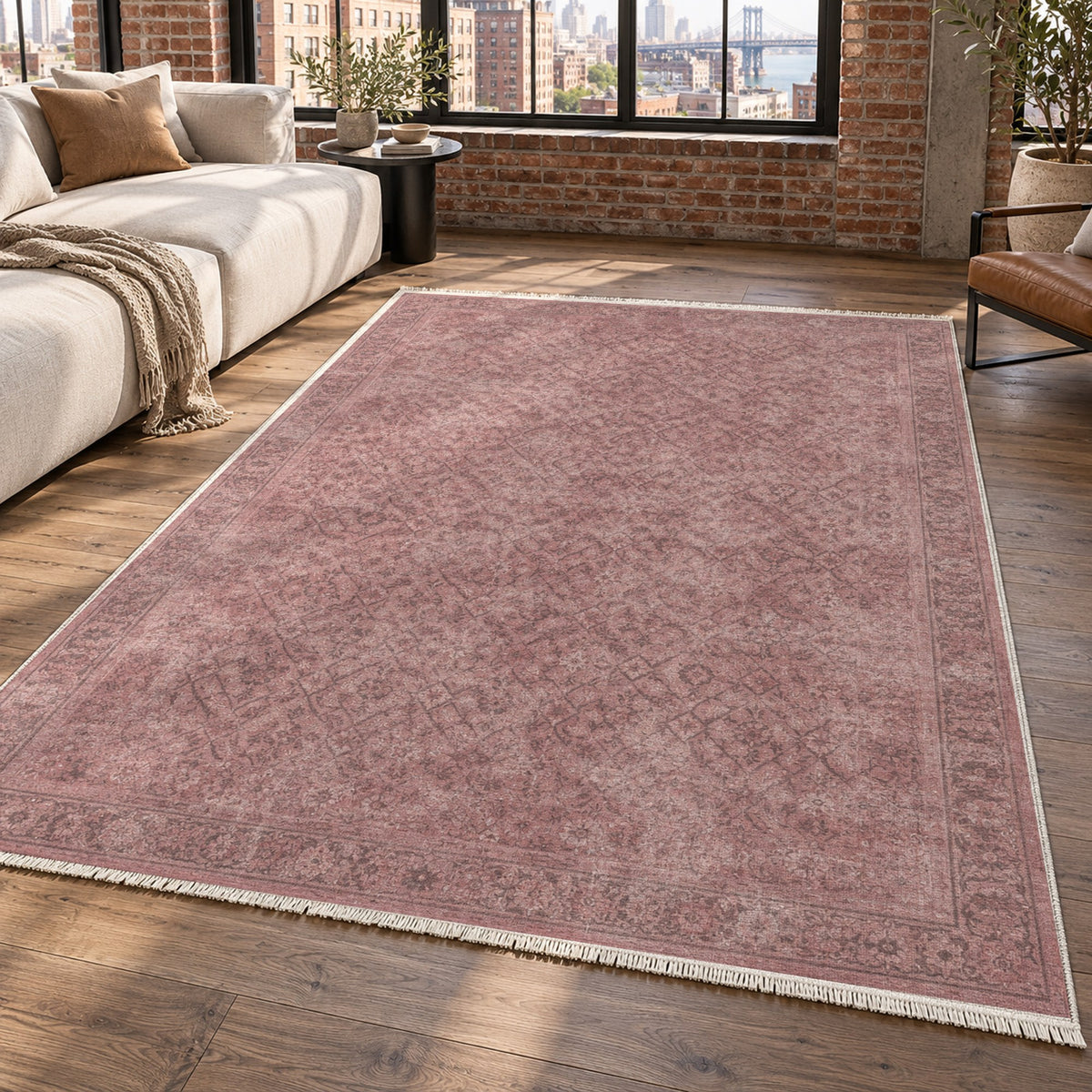 Washed Herati Rose Pink Vintage Washable Rug — new york living