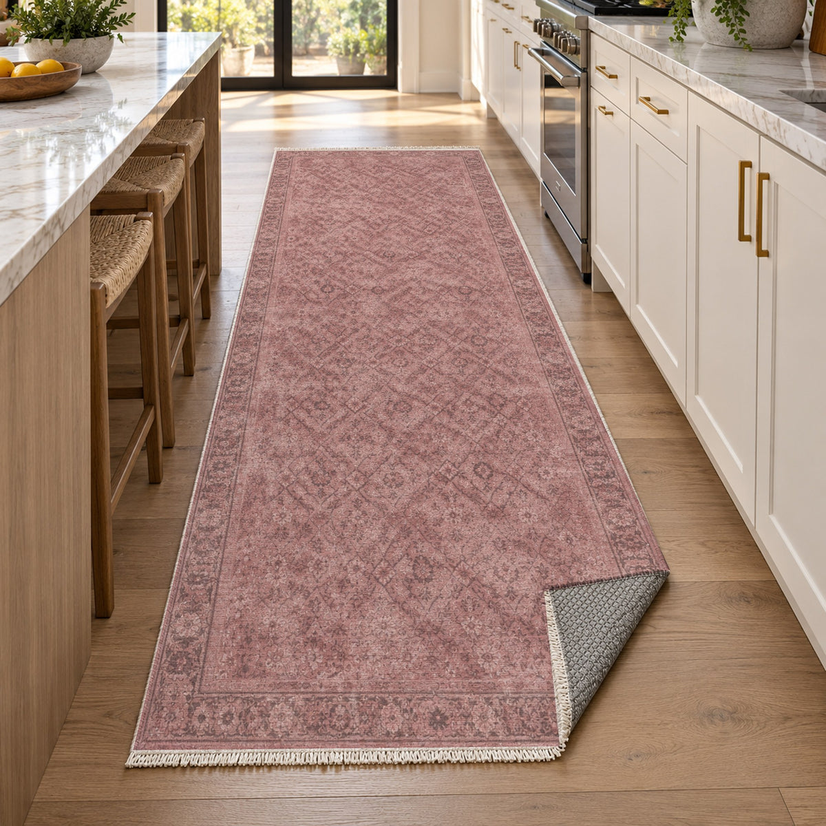 Washed Herati Rose Pink Vintage Washable Rug — new york kitchen runner