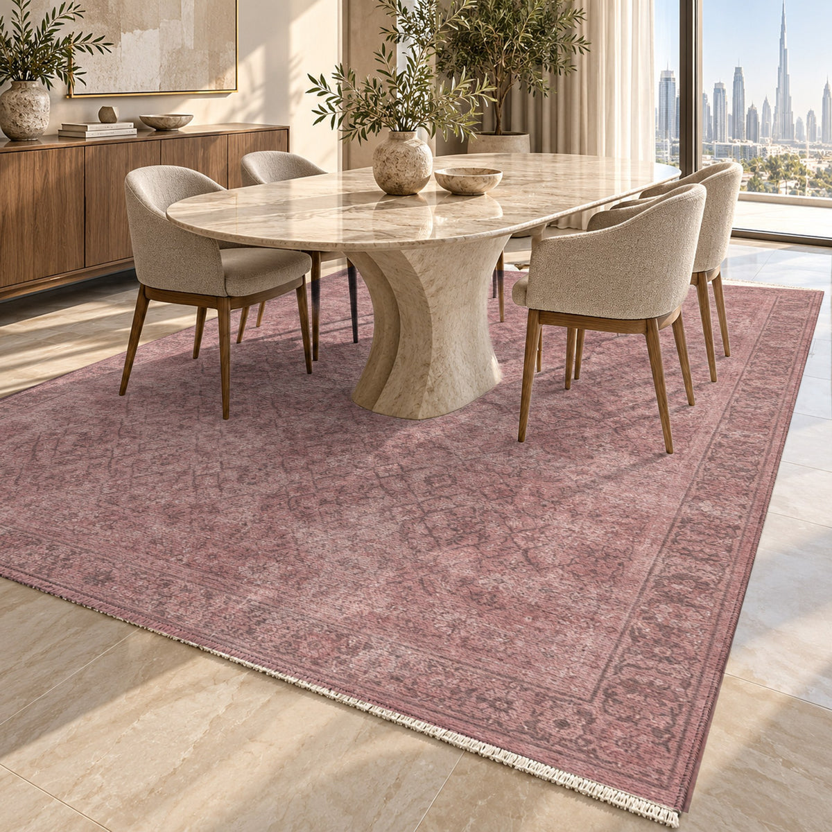 Washed Herati Rose Pink Vintage Washable Rug — dubai dining