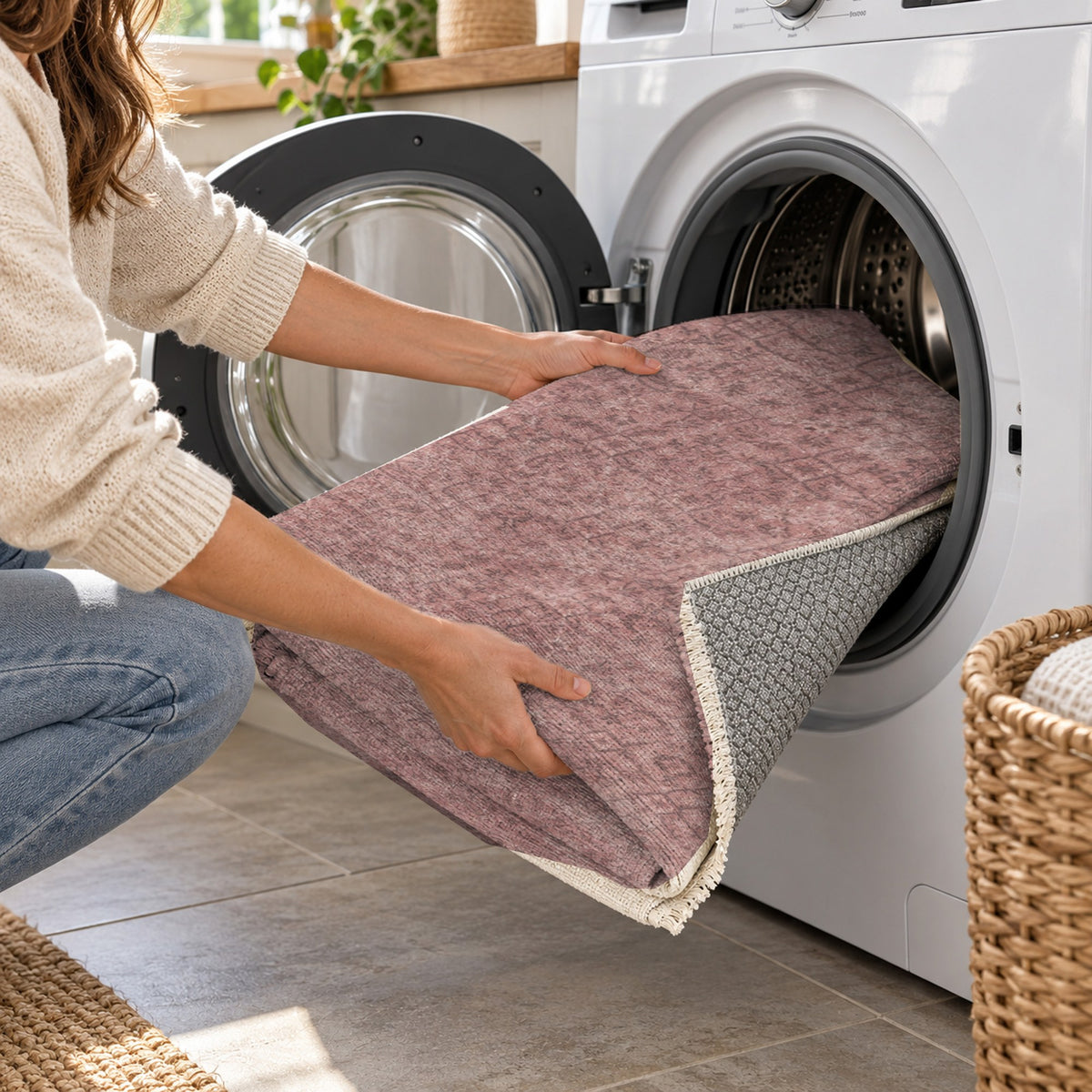 Washed Herati Rose Pink Vintage Washable Rug — washing machine