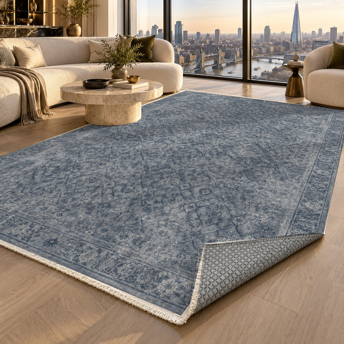 Washed Herati Slate Blue Vintage Washable Rug — london luxury living