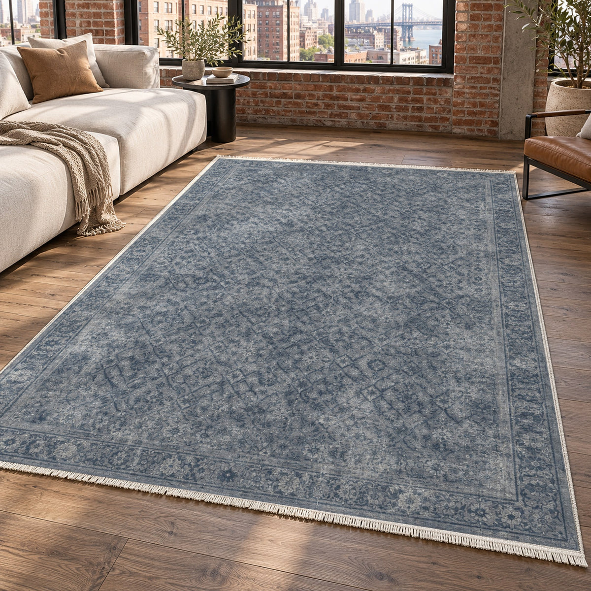 Washed Herati Slate Blue Vintage Washable Rug — new york living