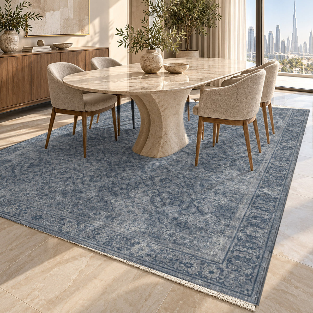Washed Herati Slate Blue Vintage Washable Rug — dubai dining