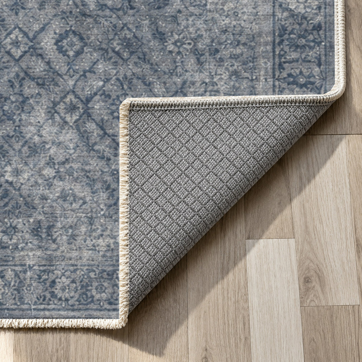 Washed Herati Slate Blue Vintage Washable Rug — backing close up