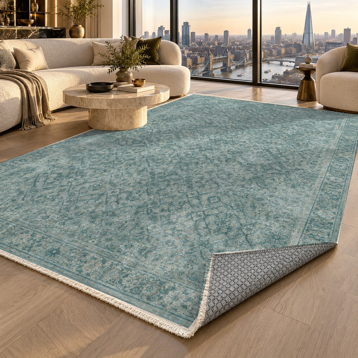 Washed Herati Turquoise Blue Vintage Washable Rug — london luxury living