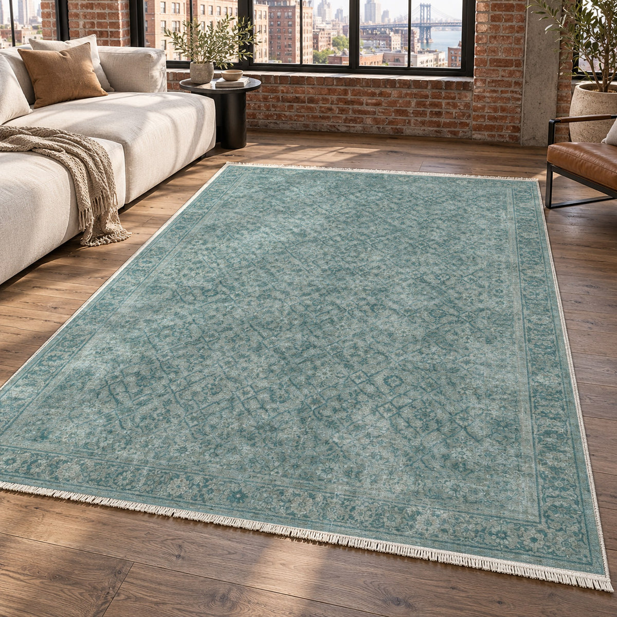 Washed Herati Turquoise Blue Vintage Washable Rug — new york living