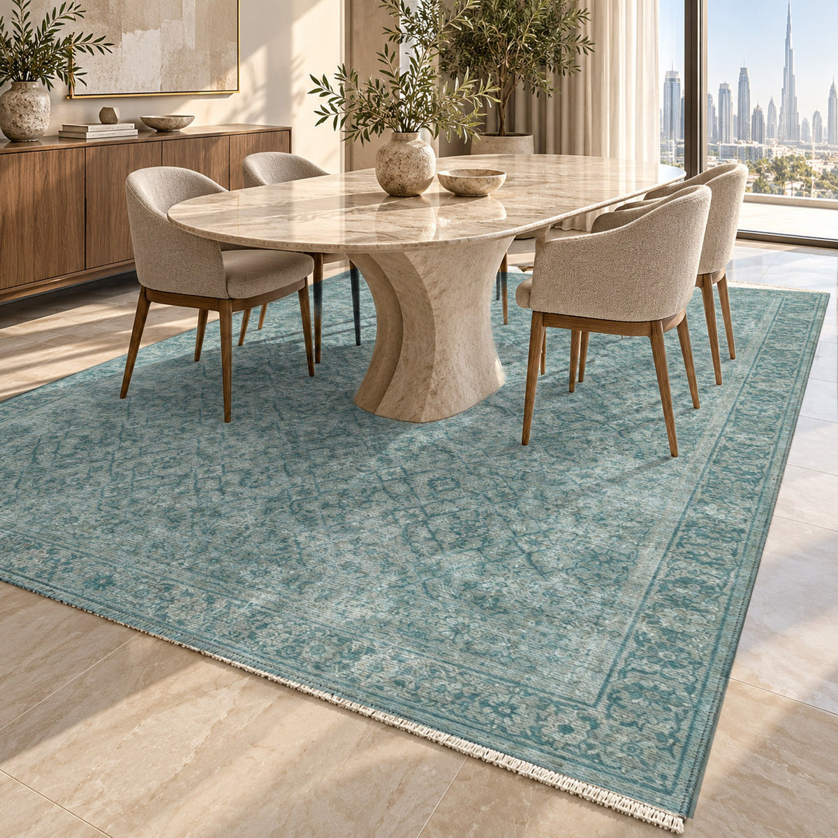 Washed Herati Turquoise Blue Vintage Washable Rug — dubai dining