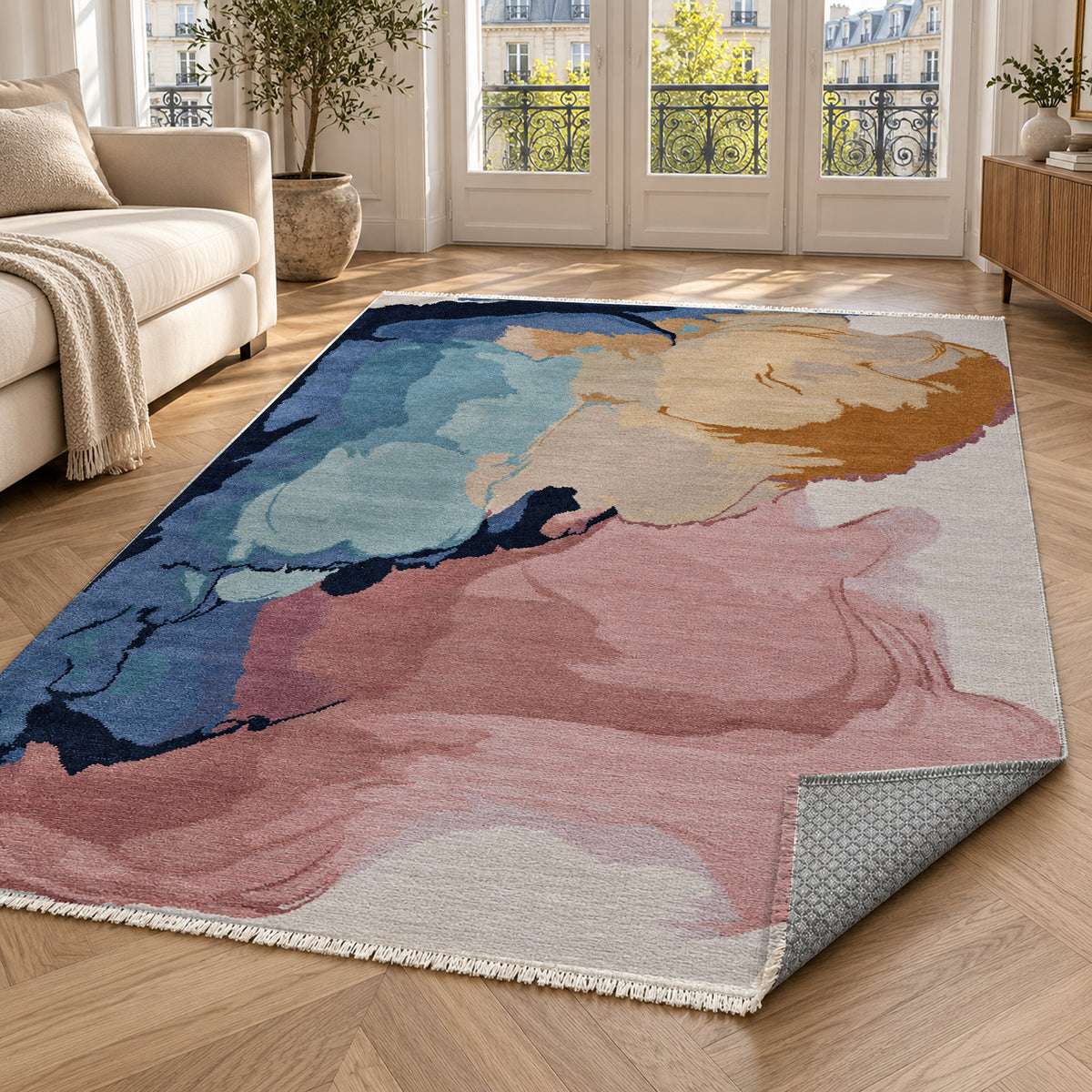 Watercolour Blush Navy Abstract Washable Rug — paris living