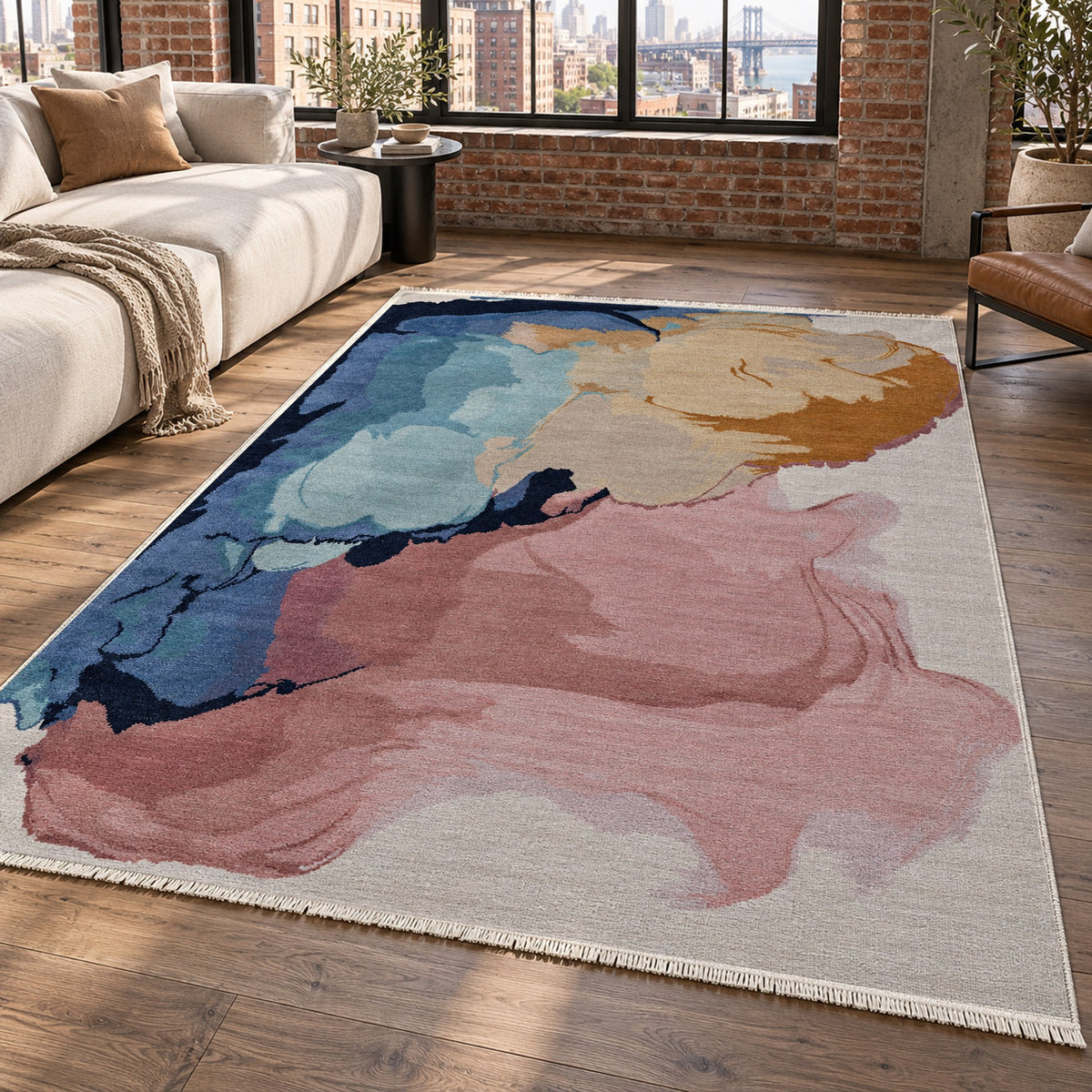 Watercolour Blush Navy Abstract Washable Rug — new york living