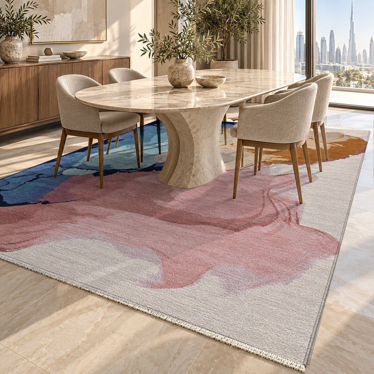 Watercolour Blush Navy Abstract Washable Rug — dubai dining