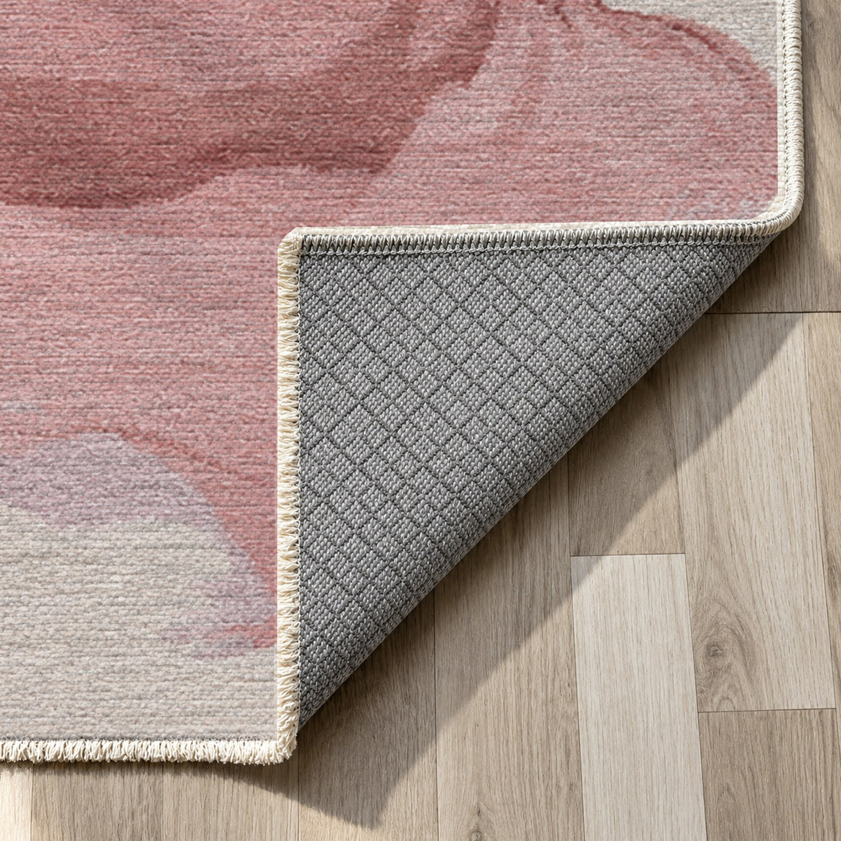 Watercolour Blush Navy Abstract Washable Rug — backing close up
