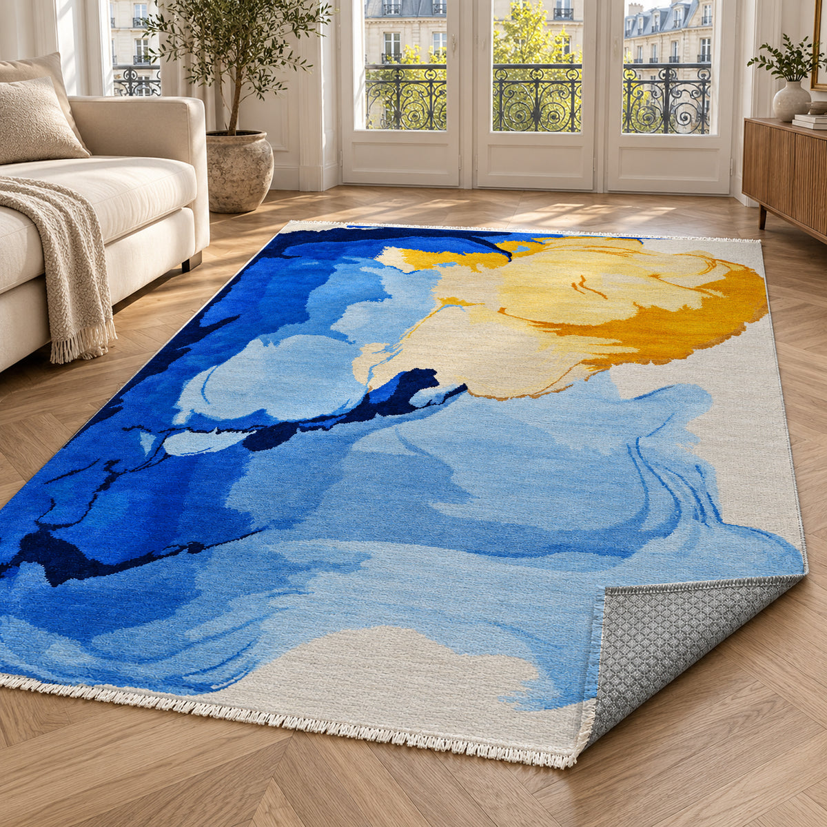 Watercolour Cobalt Saffron Abstract Washable Rug — paris living