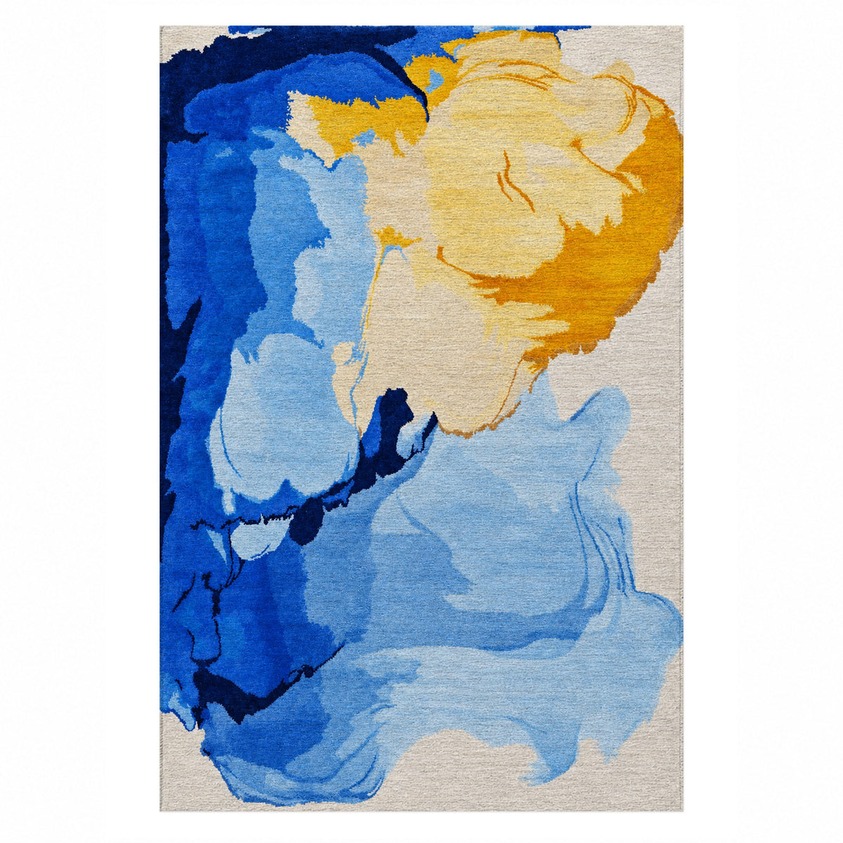 Watercolour Cobalt Saffron Abstract Washable Rug — top view