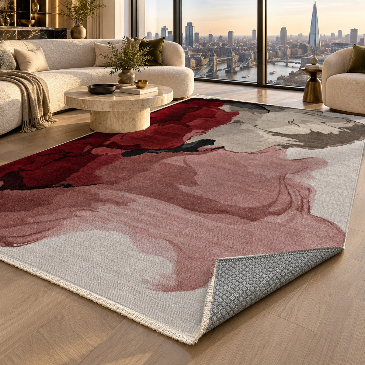 Watercolour Crimson Charcoal Abstract Washable Rug — london luxury living