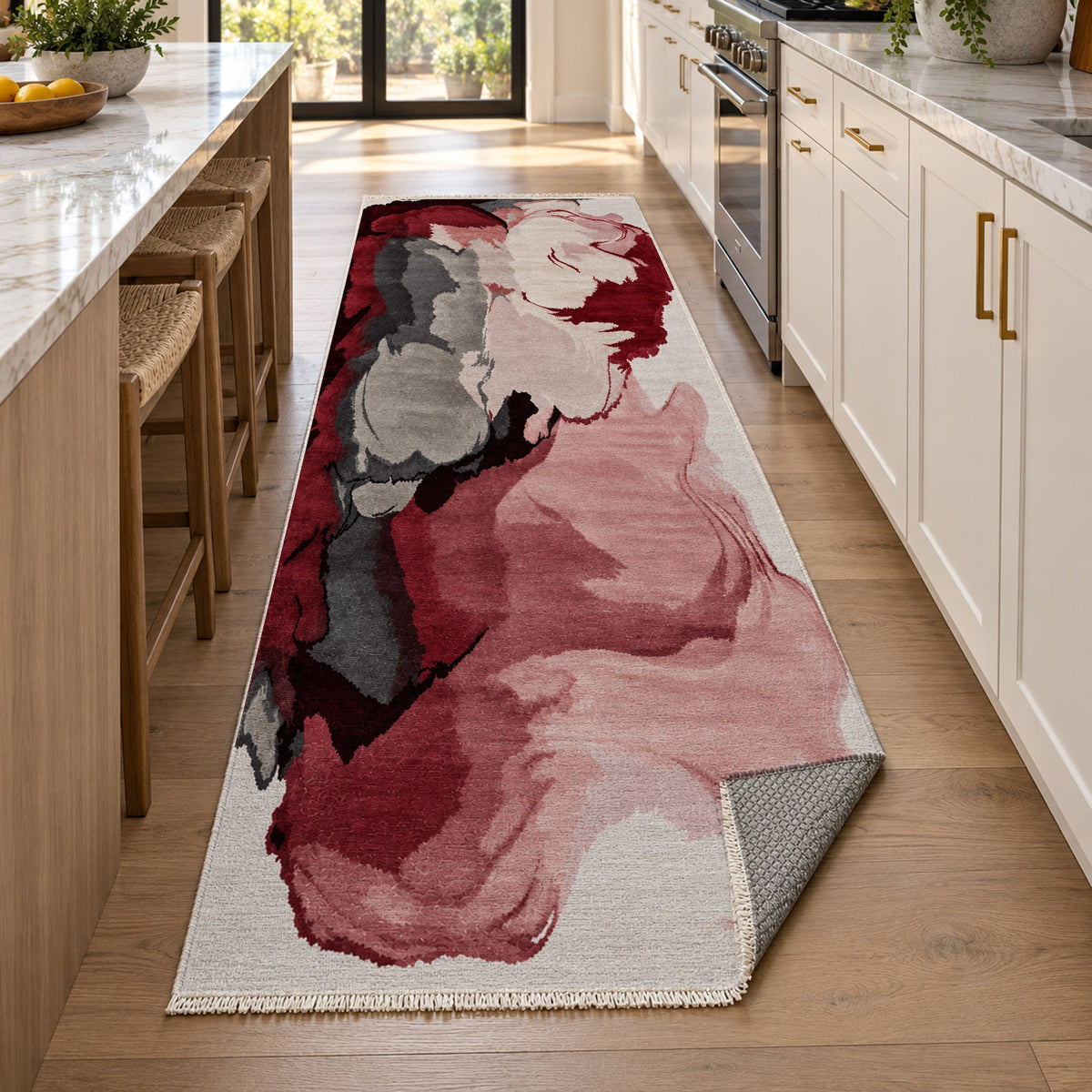 Watercolour Crimson Charcoal Abstract Washable Rug — new york kitchen runner