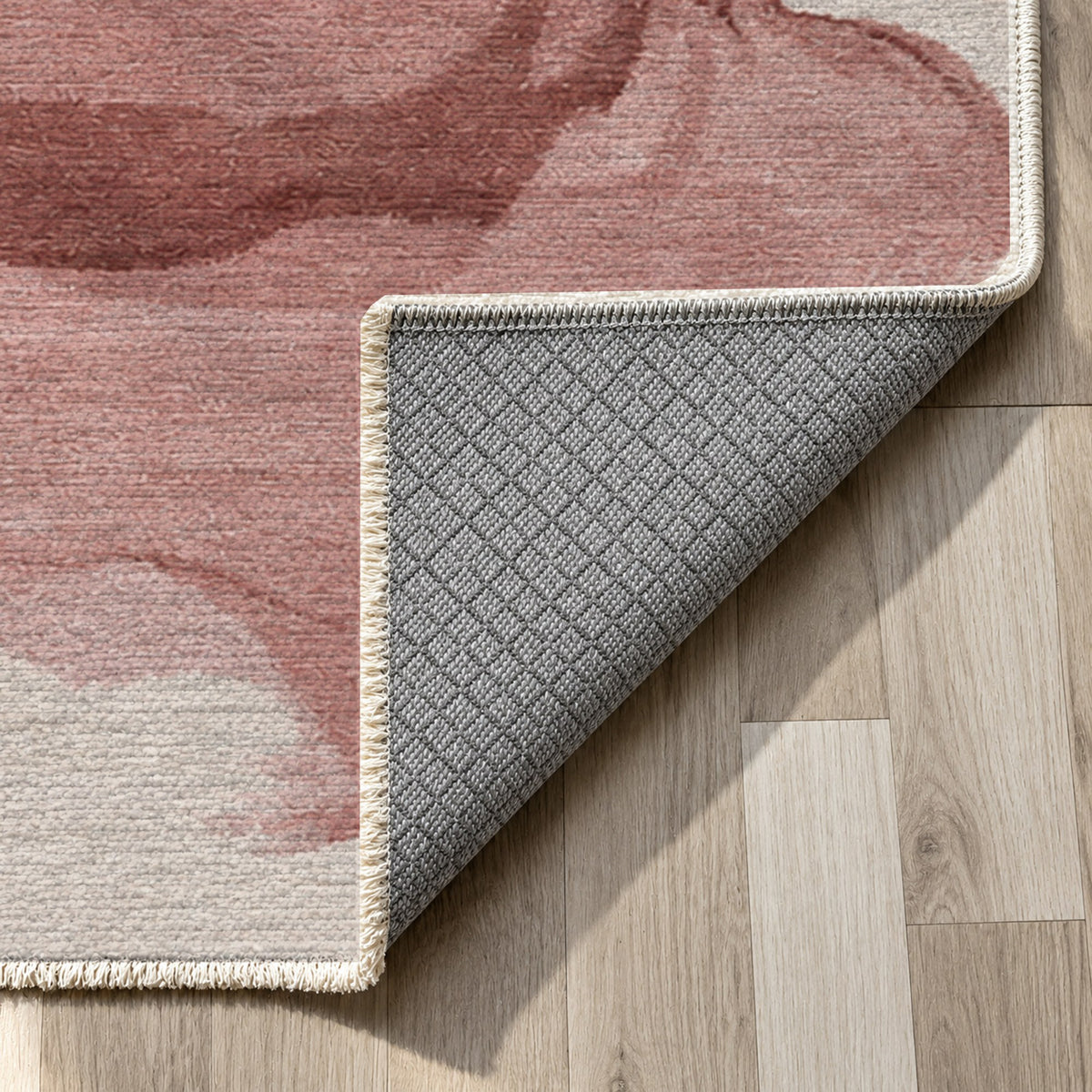 Watercolour Crimson Charcoal Abstract Washable Rug — backing close up