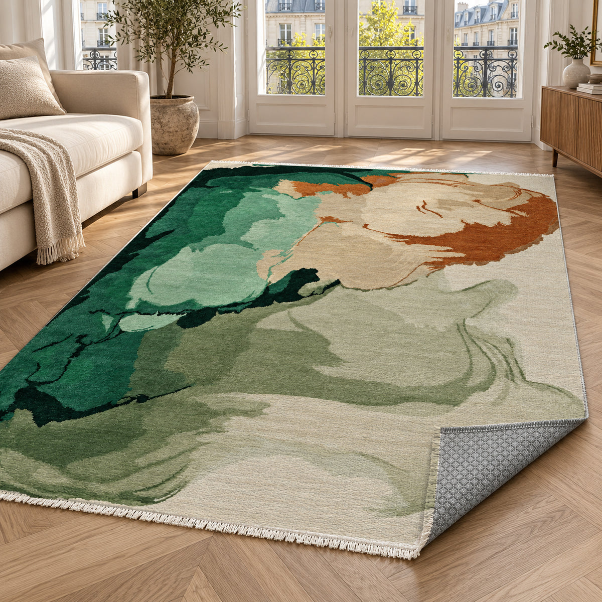 Watercolour Emerald Copper Abstract Washable Rug — paris living
