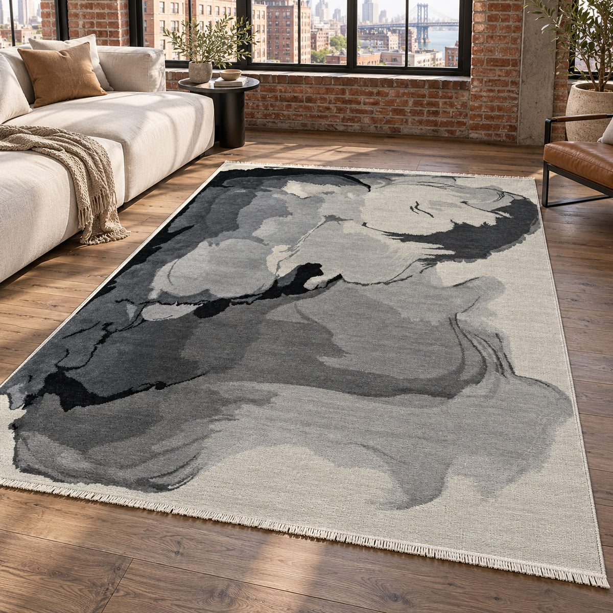Watercolour Monochrome Stone Abstract Washable Rug — new york living