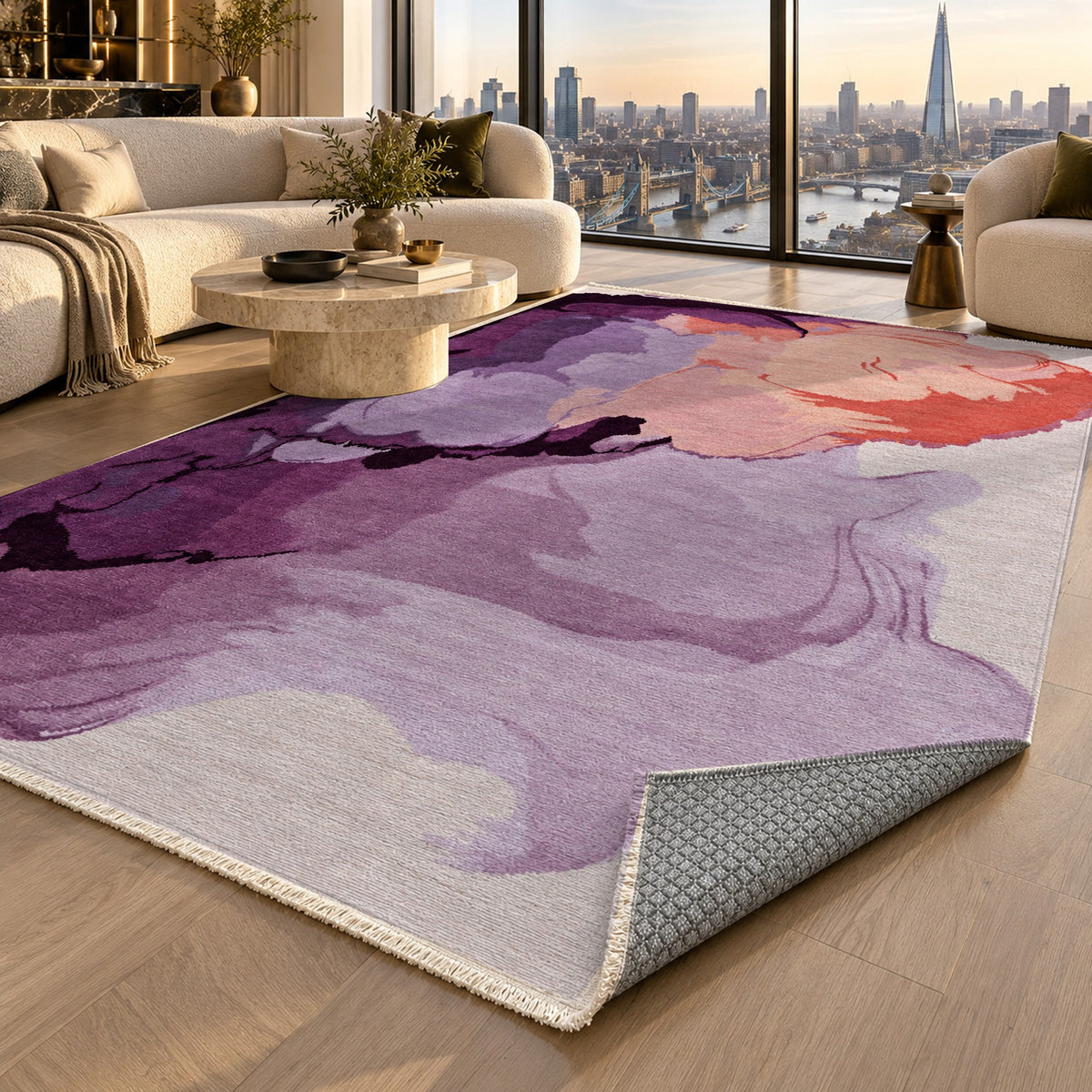 Watercolour Plum Coral Abstract Washable Rug — london luxury living