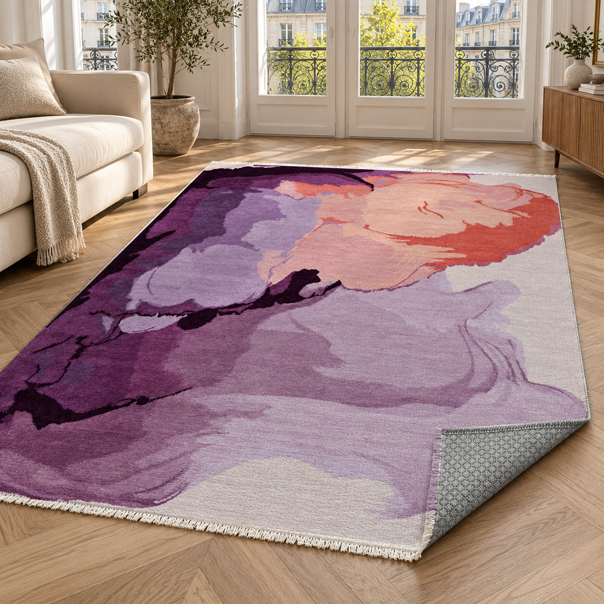 Watercolour Plum Coral Abstract Washable Rug — paris living