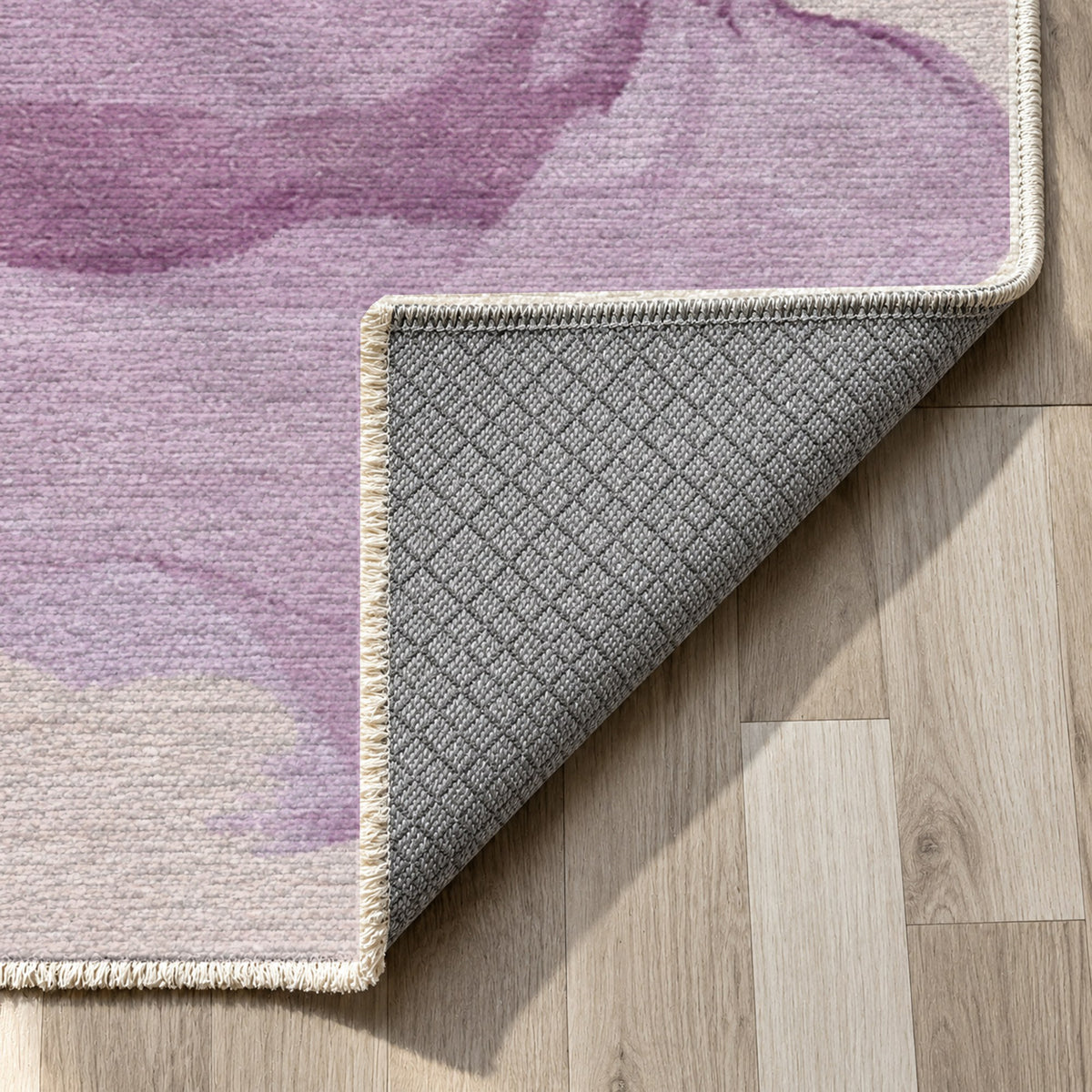 Watercolour Plum Coral Abstract Washable Rug — backing close up