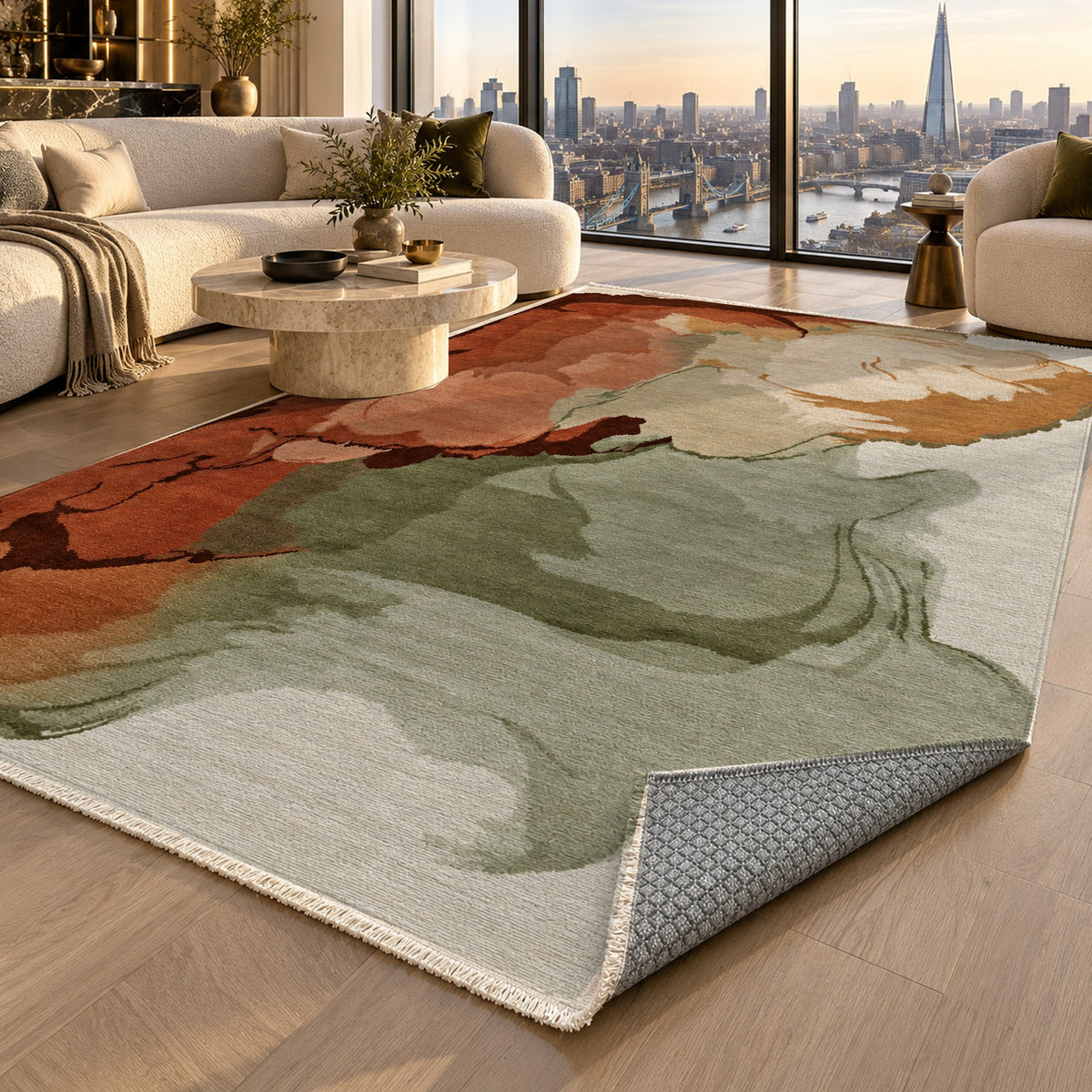Watercolour Terracotta Sage Abstract Washable Rug — london luxury living