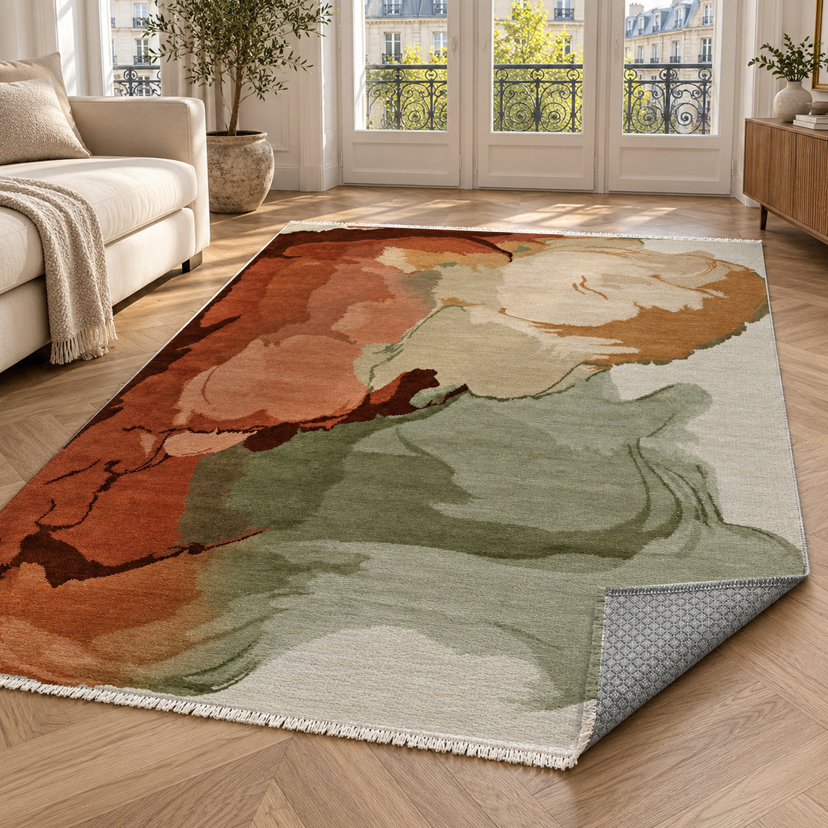 Watercolour Terracotta Sage Abstract Washable Rug — paris living