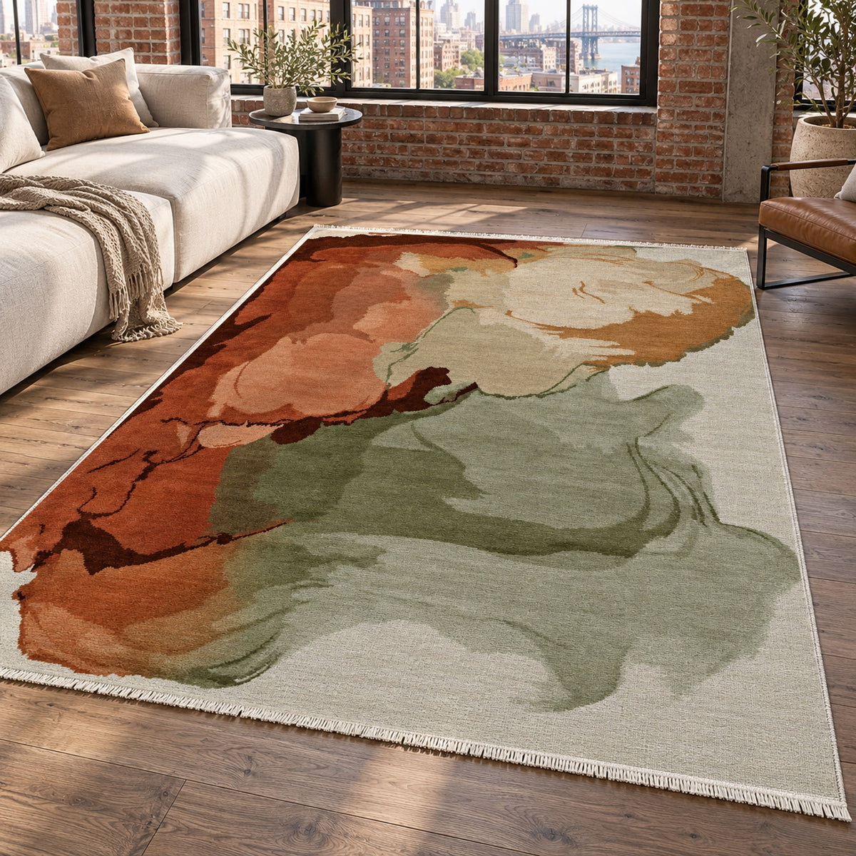 Watercolour Terracotta Sage Abstract Washable Rug — new york living