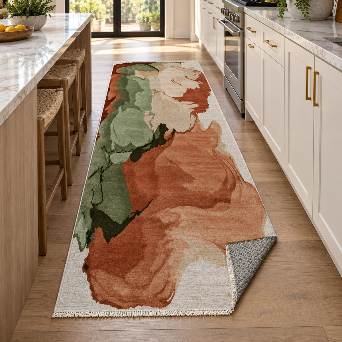 Watercolour Terracotta Sage Abstract Washable Rug — new york kitchen runner