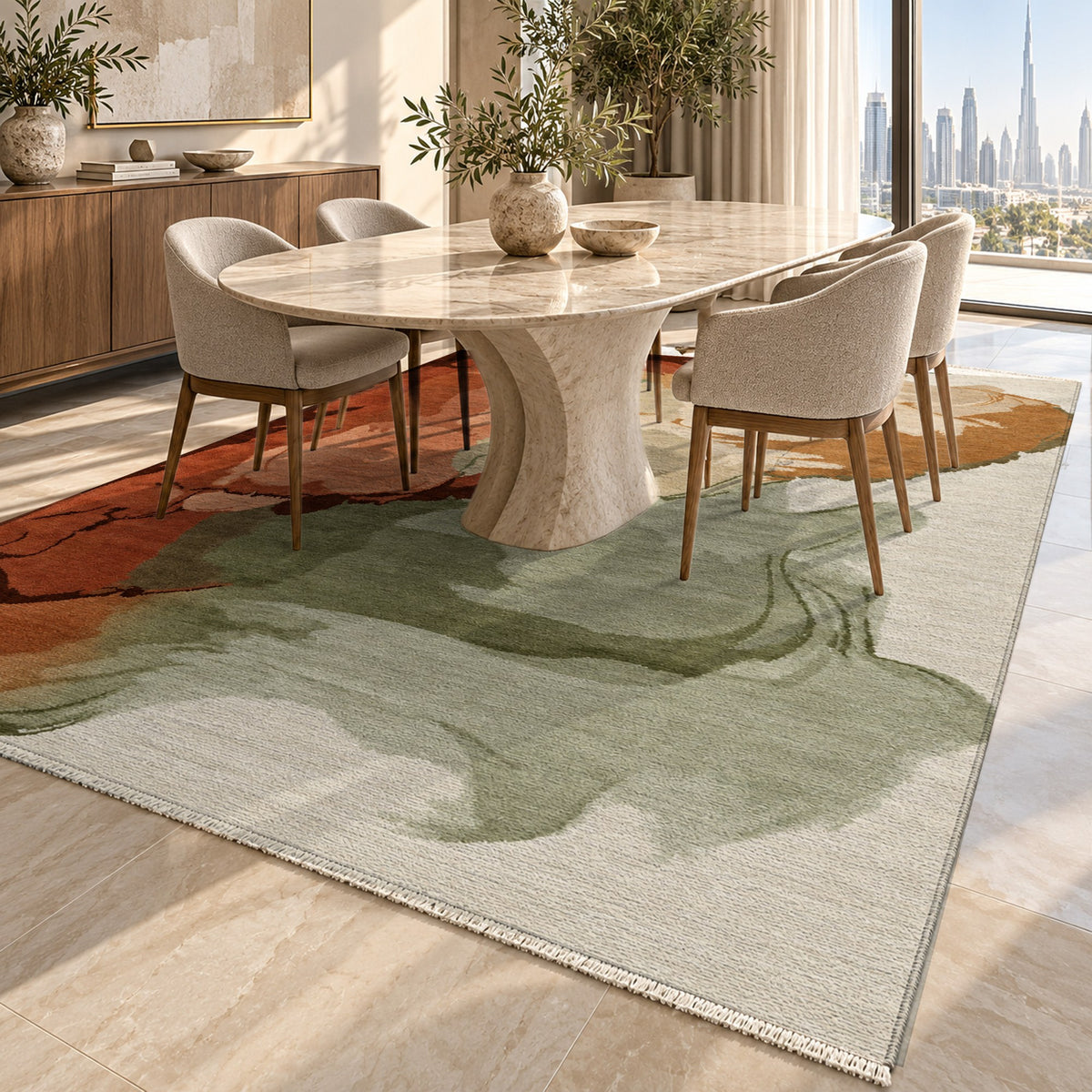 Watercolour Terracotta Sage Abstract Washable Rug — dubai dining