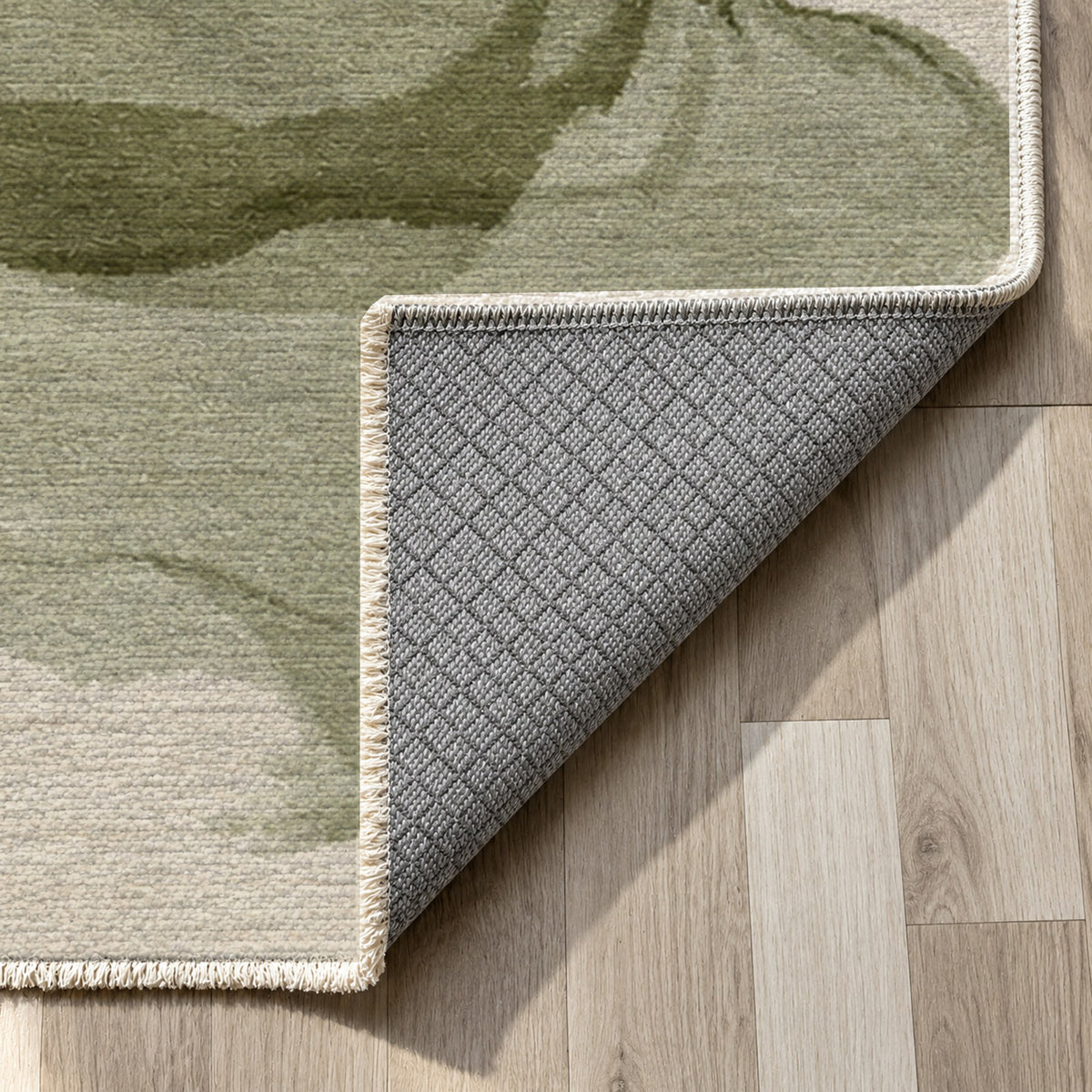 Watercolour Terracotta Sage Abstract Washable Rug — backing close up