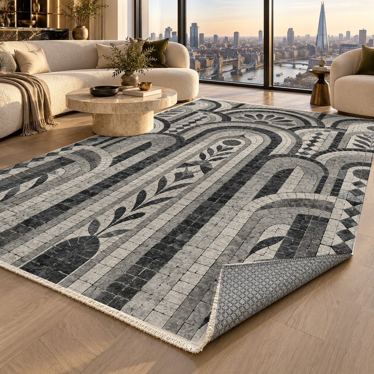 Weathered Arches Charcoal Geometric Washable Rug — london luxury living