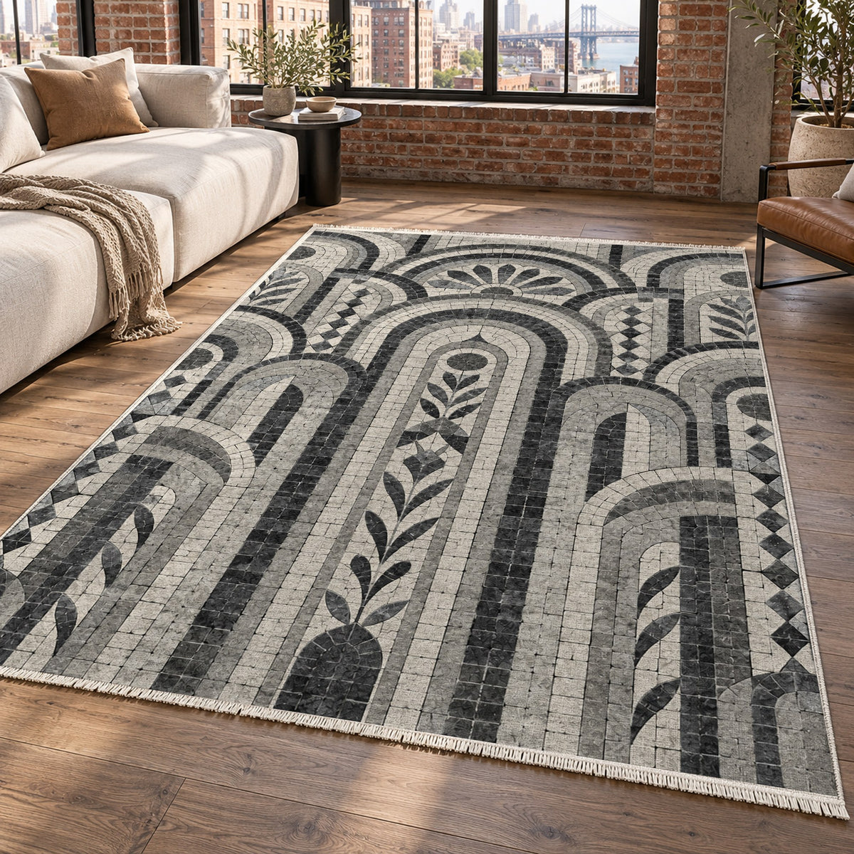 Weathered Arches Charcoal Geometric Washable Rug — new york living